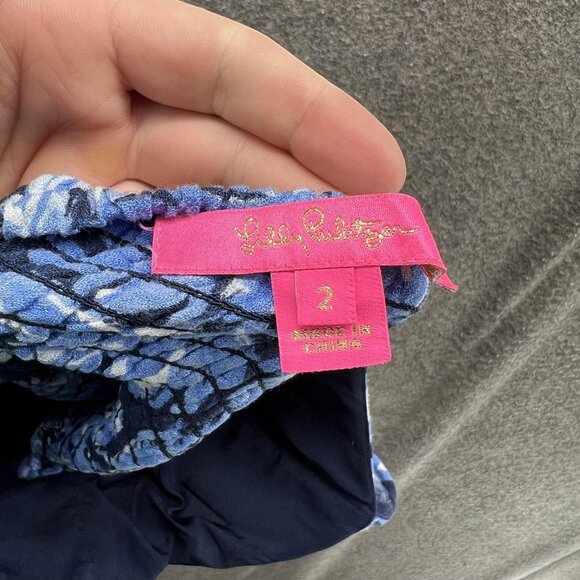 Lilly Pulitzer Top Womens 2 Blue Floral Ruffle Smocked Peplum Sleeveless Shirt - Picture 8 of 10